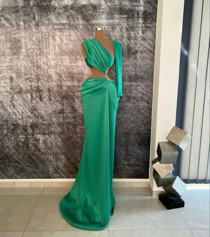 Plunging neckline dresses for womenGreen gorgeous shiny sexy fashion waist-baring rhinestones embellished long ball gown evening dress gh3051