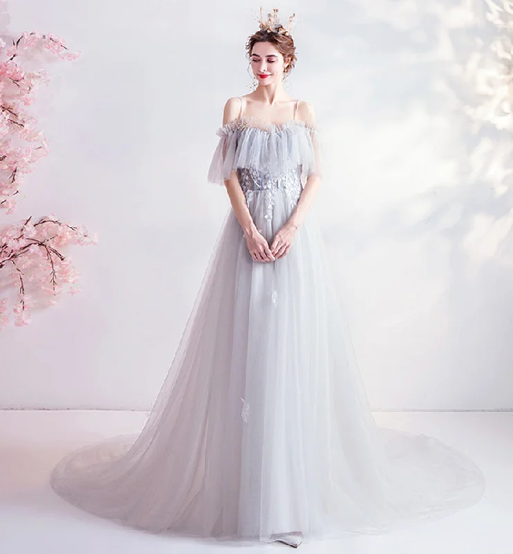 Flutter sleeve dresses for womenGray tulle lace long prom dress evening dress  8453