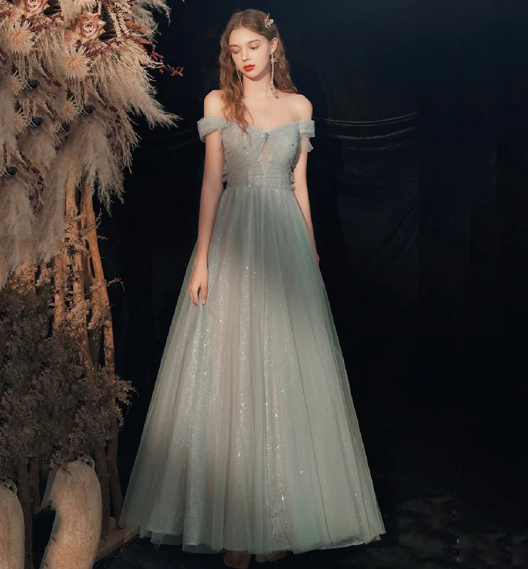Short-sleeved dresses for womenShiny tulle sequins long prom dress green evening dress  8620