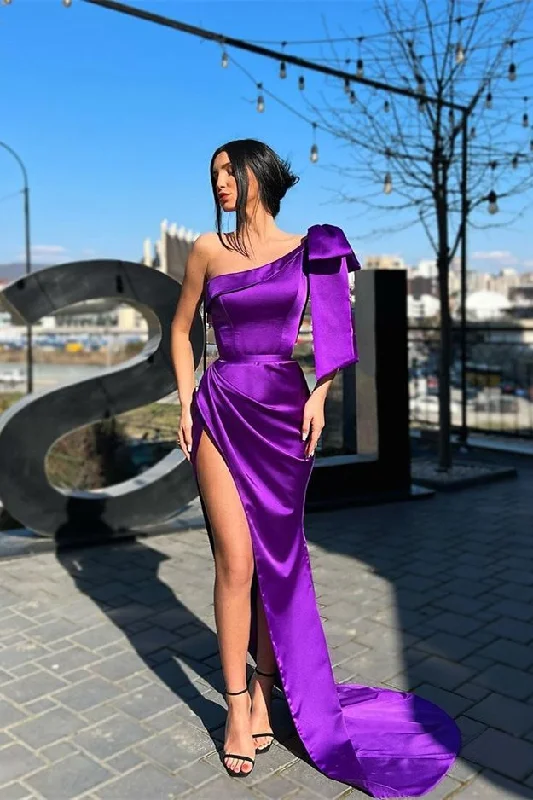 Polka dot dresses for womenGorgeous One Shoulder Purple evening Dress Mermaid Long With Split  gh1907