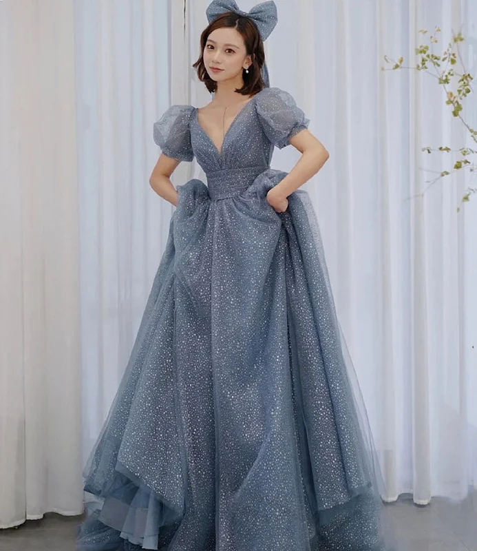 Spring dresses for blossoming stylesBlue v neck tulle long A line prom dress evening dress  8691