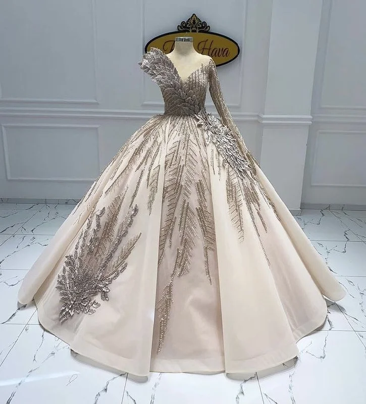 Tight-fitting dresses for womenChampagne Gorgeous Elegant V-neck Applique Beaded Long Tulle Ball Gown Evening Dress gh3130