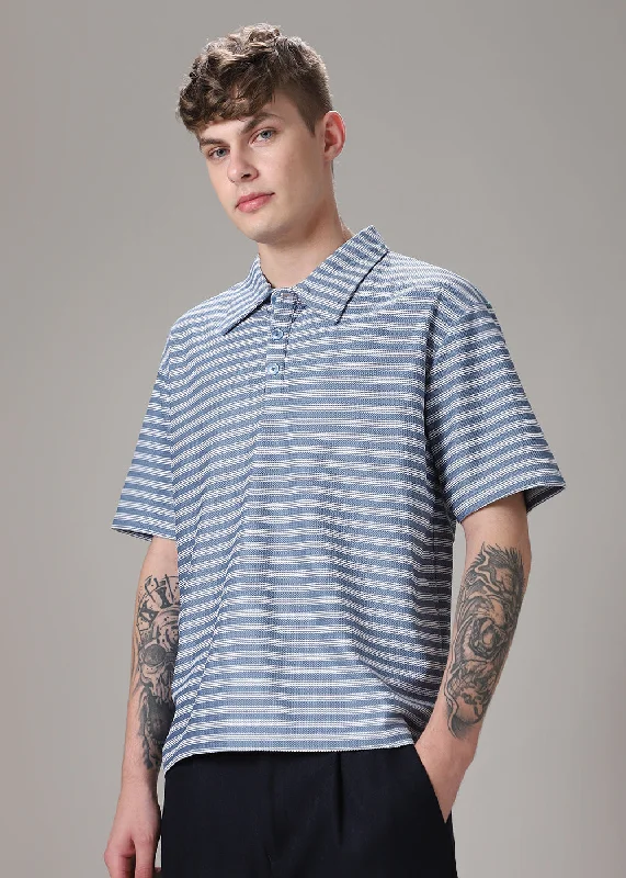 tops suitable for cold weather for menStriped Blue Oversized Polo  T-shirt