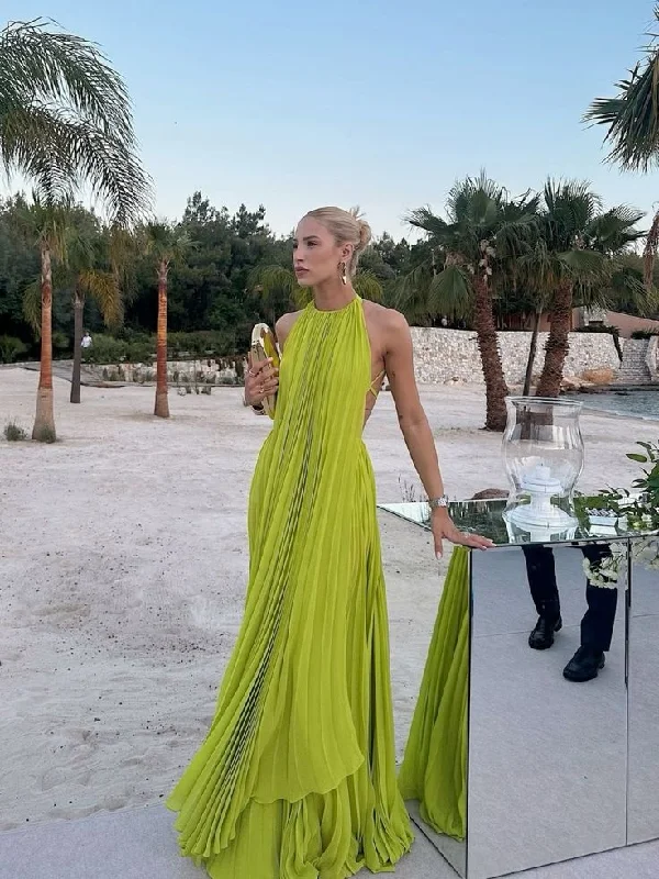 Silk dresses for womenYellow green halter neck backless long chiffon ball gown evening dress gh3127