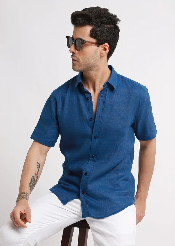 tops with ruffles for menBatiste Blue Topaz Linen shirt