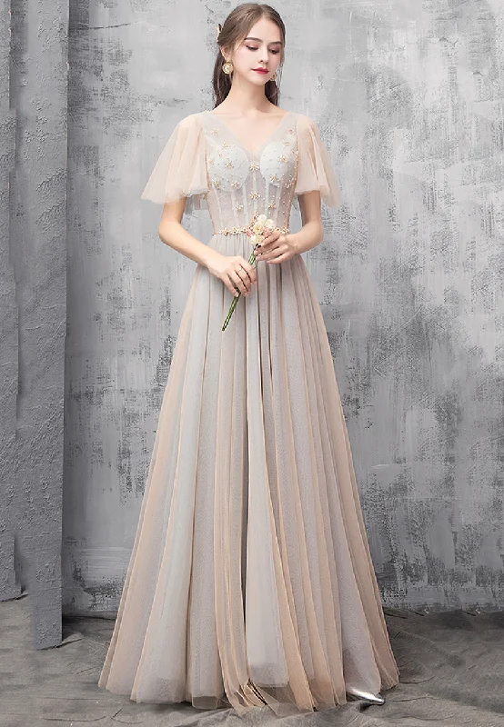 Floral dresses for womenChampagne tulle beads prom dress evening dress  8494