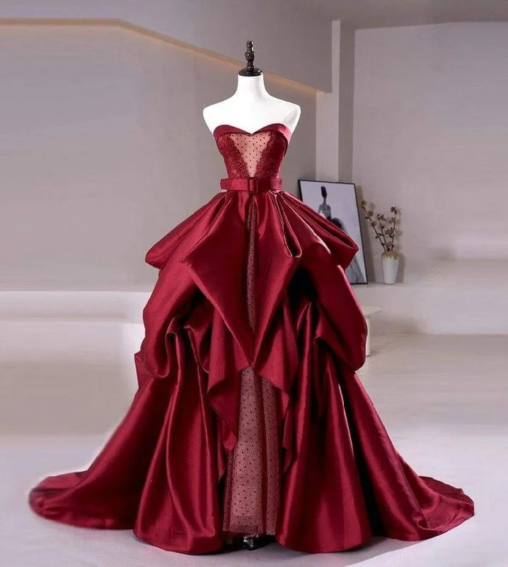 Off-the-shoulder dresses for womenRed fashion sexy elegant Exquisite lace long satin ball gown evening dress gh3367