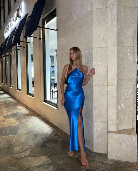 High-slit dresses for womenBlue Sexy Mermaid Strapless Slit Long Ball Gown Evening Dress gh3050