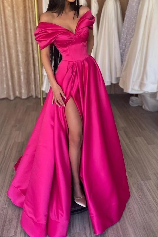 Loose-fitting dresses for womenElegant Fuchsia Off-the-Shoulder Evening Dress Long With Slit  gh2005