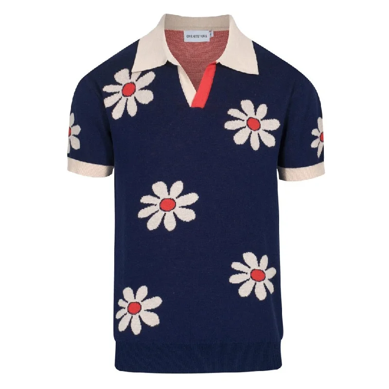 short-sleeved men's shirts with buttons down the frontMen's dark blue vintage floral jacquard V-neck knit top