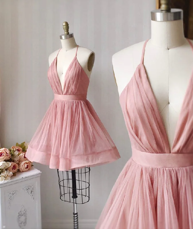 Low-cut dresses for womenPink v neck tulle short prom dress party dress  8469
