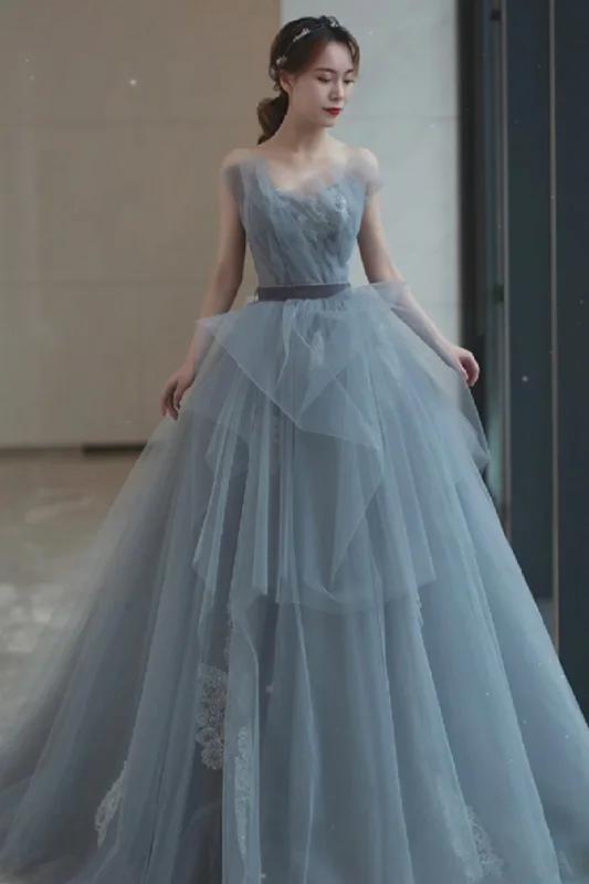 Elegant women's dressesGray tulle lace long A line prom dress evening dress  8682