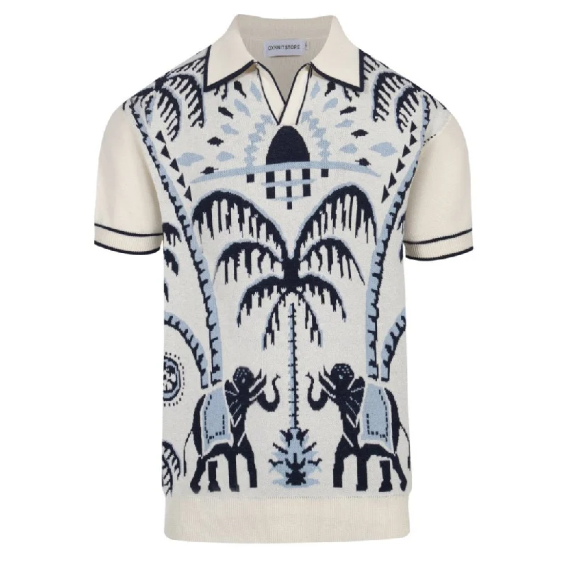 short-sleeved shirts for men with a slimming fitMen's white apricot vintage knit V-neck polo shirt