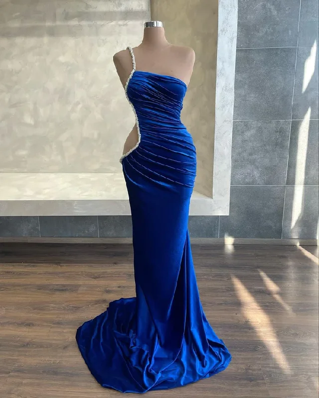 Autumn dresses for fall fashionCharming mermaid halter royal blue velvet elegant sexy long slit ball gown evening dress gh2657