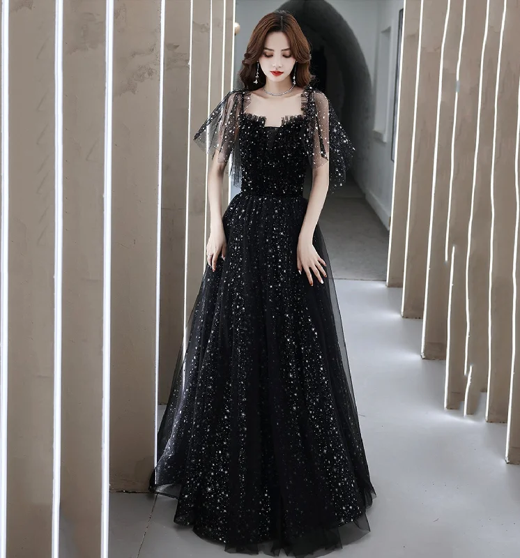 Vintage women's dressesBlack tulle long A line prom dress evening dress  8681