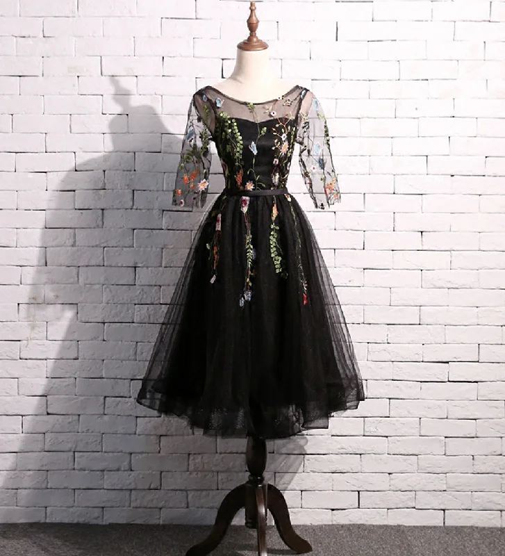 Satin dresses for womenCute lace short prom dress black homecoming dress  8501
