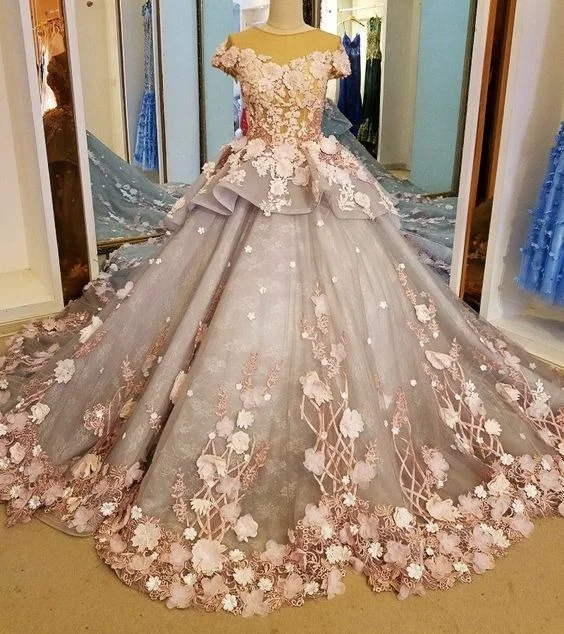 Cap sleeve dresses for womenLight pink gorgeous delicate floral applique long tulle floor length train ball gown evening dress gh3324