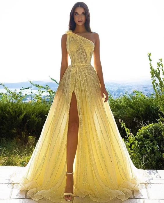 Solid color dresses for womenYellow shiny elegant exquisite beaded long tulle ball gown unique evening dress gh1876