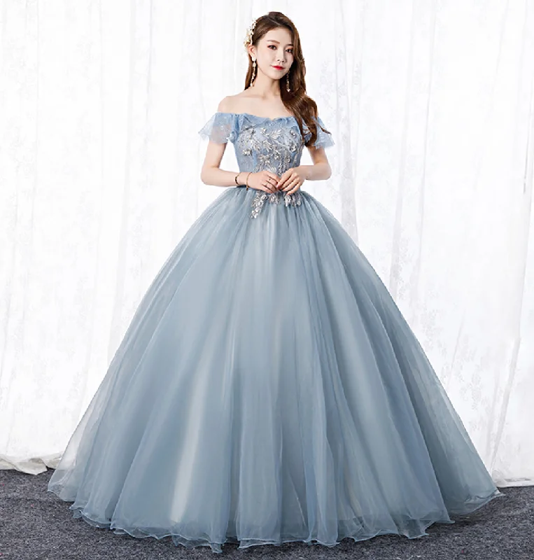 Polka dot dresses for womenGrey tulle lace long prom gown A line evening dress  8629