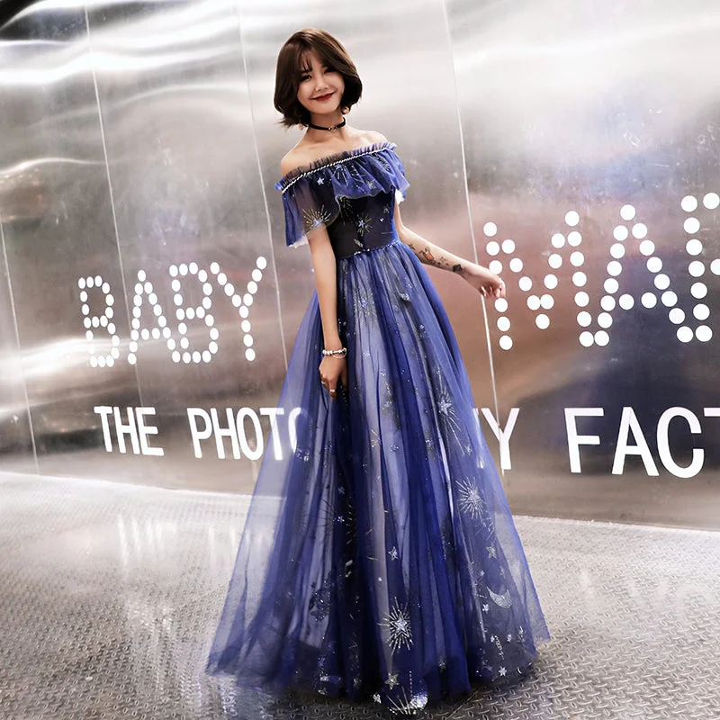 Long-sleeved dresses for womenBlue tulle long prom dress with stars  8481