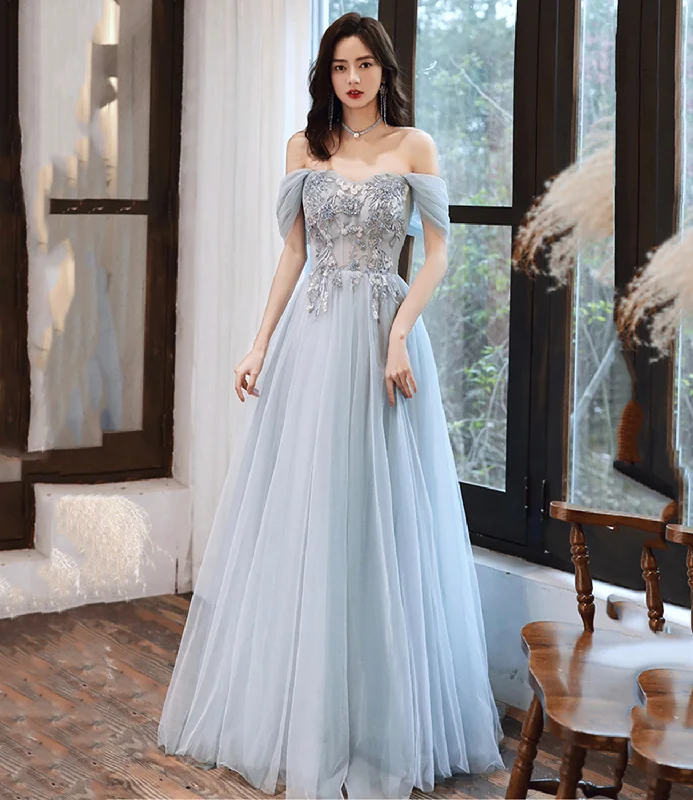 Evening gowns for formal eventsGray tulle lace long A line prom dress evening dress  8698