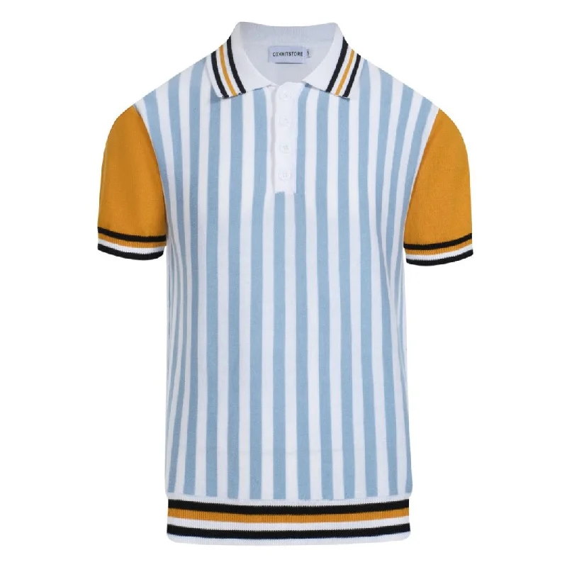 casual short-sleeved shirts for everyday wearMen's blue striped knit vintage polo shirt