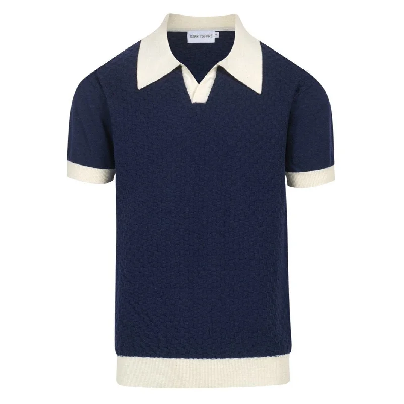 short-sleeved men's tops with a spread collarMen's Navy & White Apricot Knit Short Sleeve Knitwear