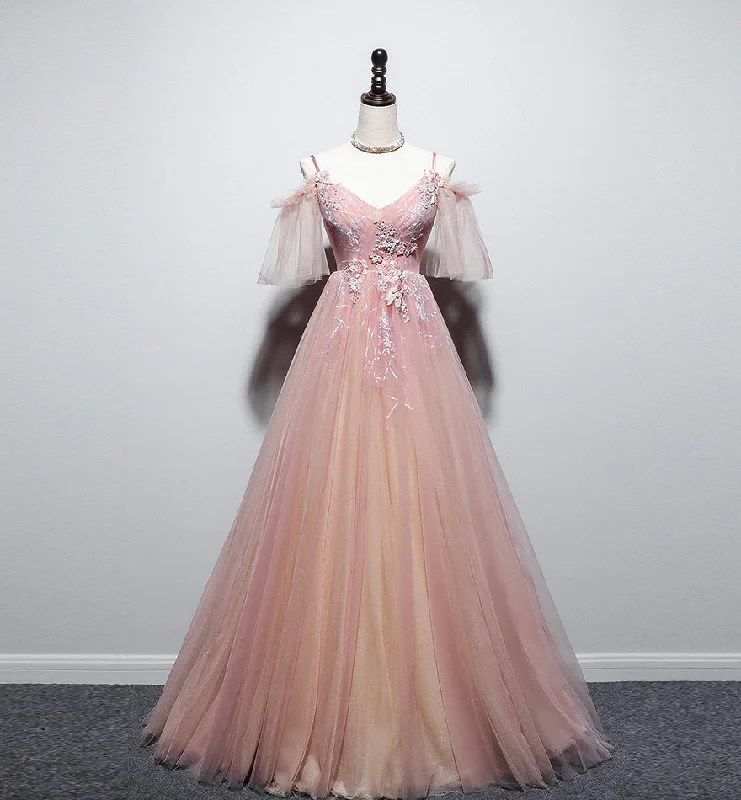 Cold-shoulder dresses for womenPink v neck tulle long prom dress evening dress  8455