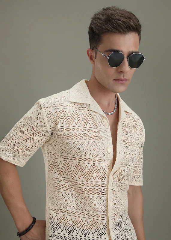 off-the-shoulder tops for menIvory Cream Crochet Shirt