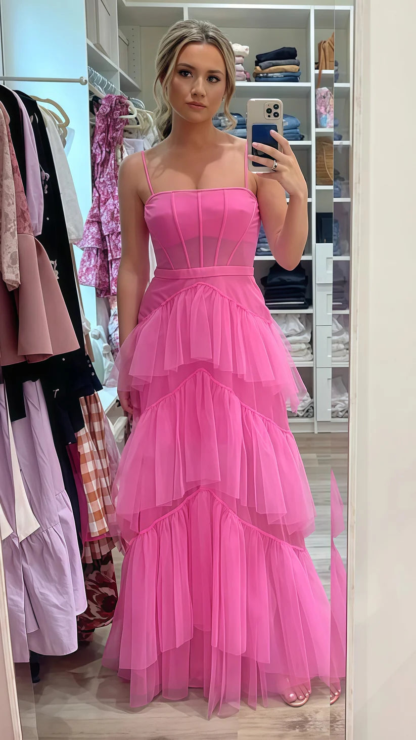 Satin dresses for womenHot pink elegant fashion long layered tulle bodycon princess ball gown evening dress gh1970