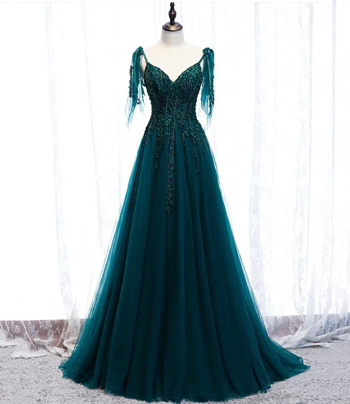 Backless dresses for womenGreen gorgeous exquisite beaded lace A-line long tulle ball gown evening dress 10357