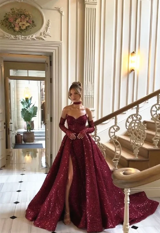Long flowy dresses for womenBurgundy shiny sexy Sequins elegant sweetheart neckline Long slit ball gown evening dress with gloves gh3134
