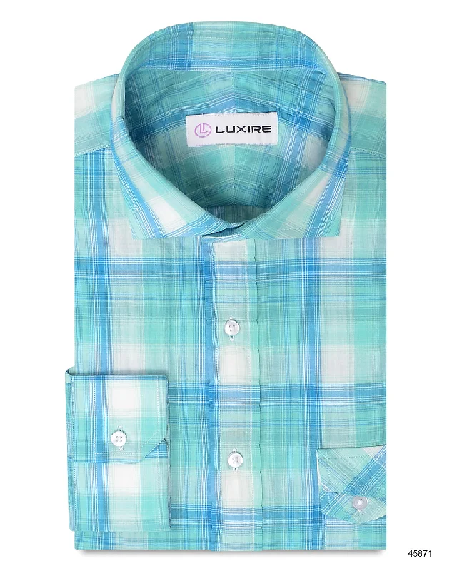 tops with buttons for menSummer Light Blue Turquoise Madras Checks Seersucker