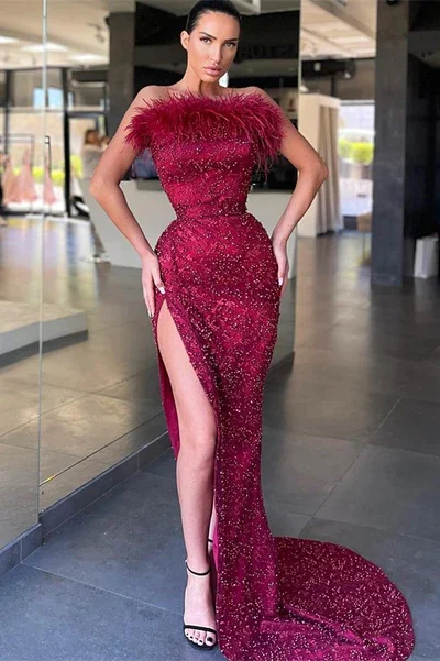 Long-sleeved dresses for womenBurgundy off the shoulder mermaid long evening gown ball gown with slits sequins beads feathers gh186