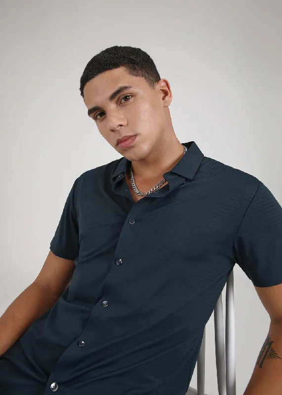 tops made from synthetic materials for menSelf Pattern Blue Stitchless Shirt