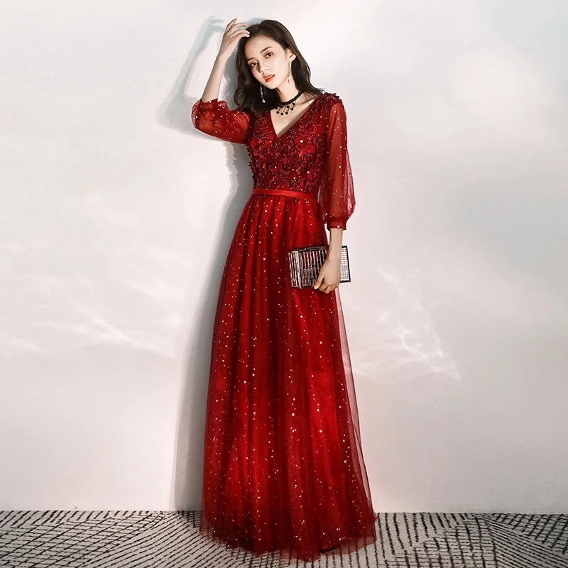 Bridesmaid dresses for womenBurgundy lace long prom dress formal dress  8293