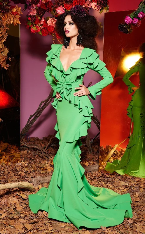 Solid color dresses for womenMNM Couture 2433 - Ruffled Long Sleeve Gown