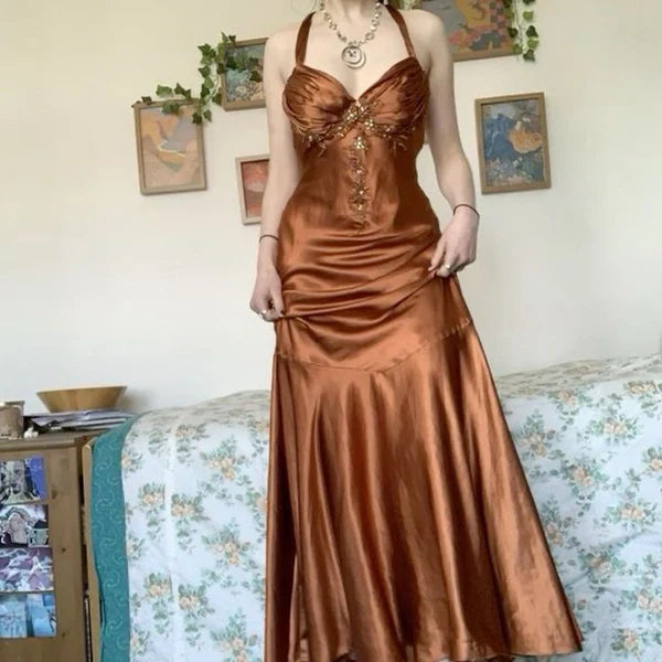 Smock dresses for womenBeautiful Vintage Mermaid Strapless Sleeveless Brown Long Ball Gown Evening Dress with Beading gh3031