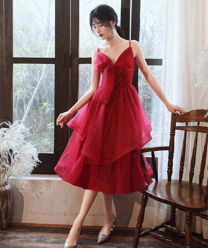 Tight-fitting dresses for womenBurgundy v neck tulle sequins prom dress homecoming dress  8408