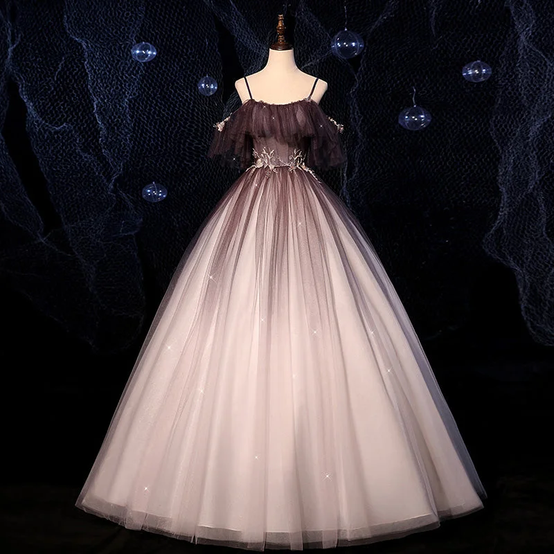 Velvet dresses for winterBrown Delicate Floral Applique Fashion A-Line Long Tulle Ball Gown Evening Dress 8721