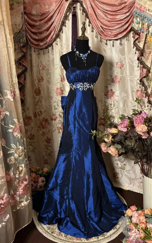 Peplum dresses for womenBlue Vintage Elegant Satin Spaghetti Strap Long Ball Gown Evening Dress gh3043