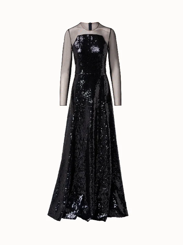 Velvet dresses for womenLong Sequined Evening Gown with Long Sheer Sleeves