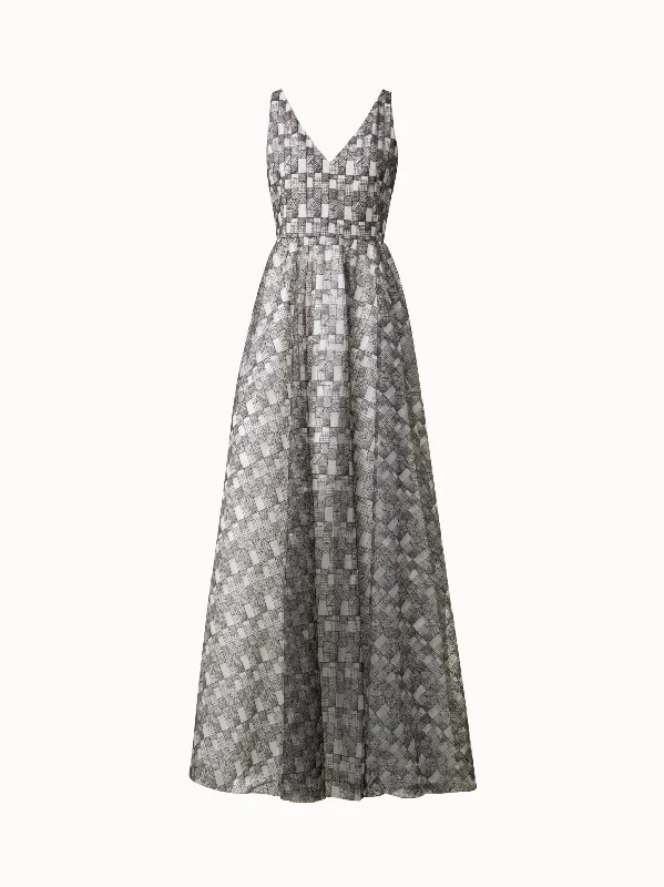 Silk dresses for womenLong Evening Dress with Lizzy Grid Embroidery