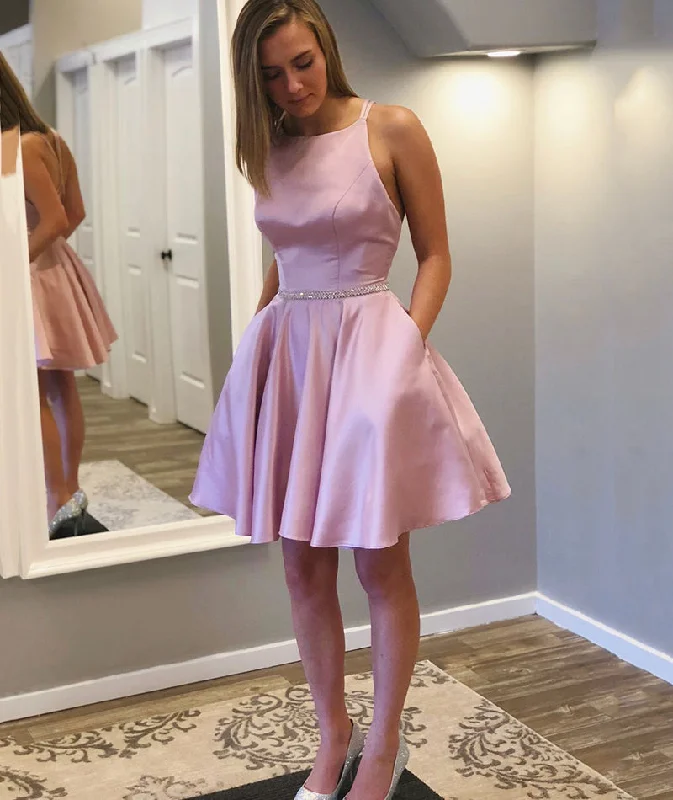 Round-neck dresses for womenPink satin short prom dress cute homecoming dress  8387