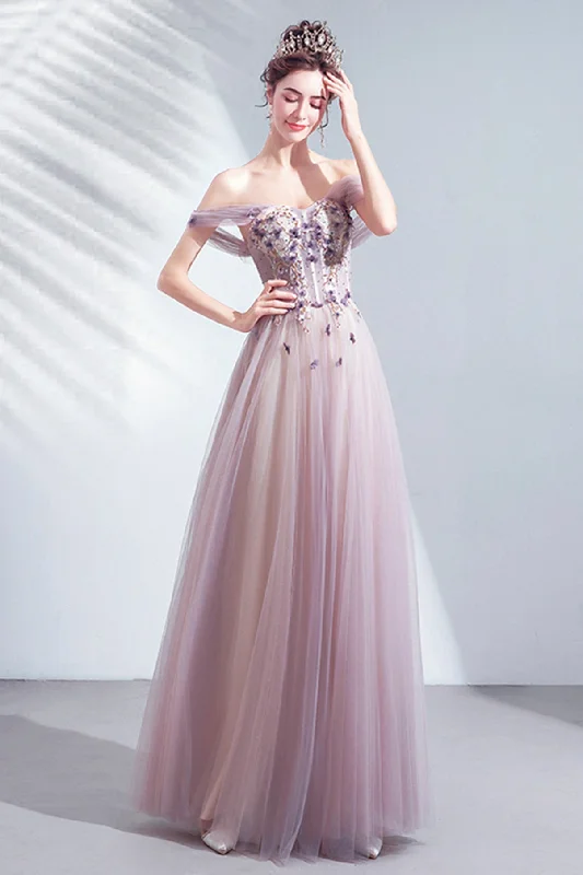 Bell sleeve dresses for womenCute tulle applique long A line prom dress evening dress  8730