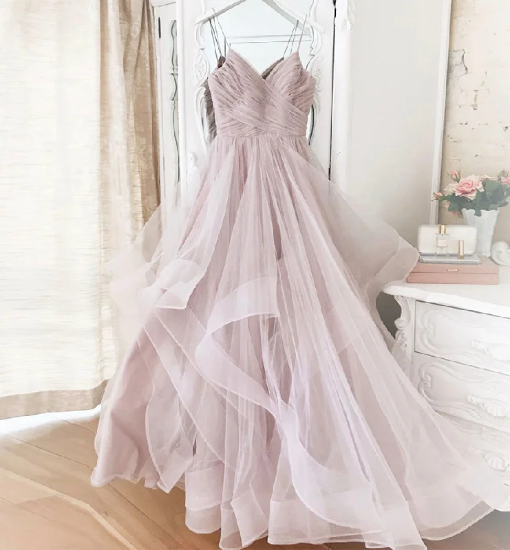 Round-neck dresses for womenPink tulle long prom dress pink evening dress  8472