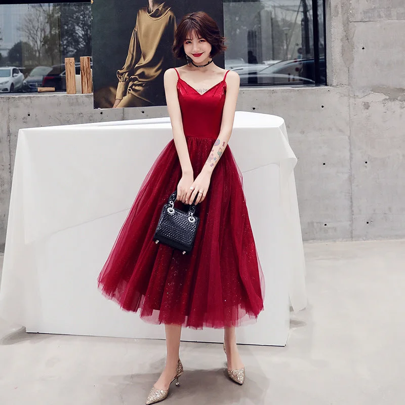 Linen dresses for summerBurgundy tulle short prom dress cocktail dress  8357