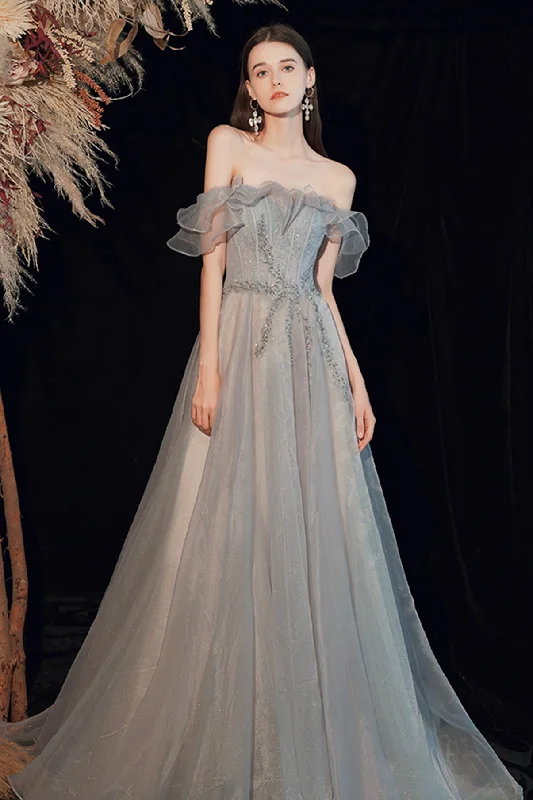 Plunging neckline dresses for womenShiny tulle long prom dress A line evening dress  8593