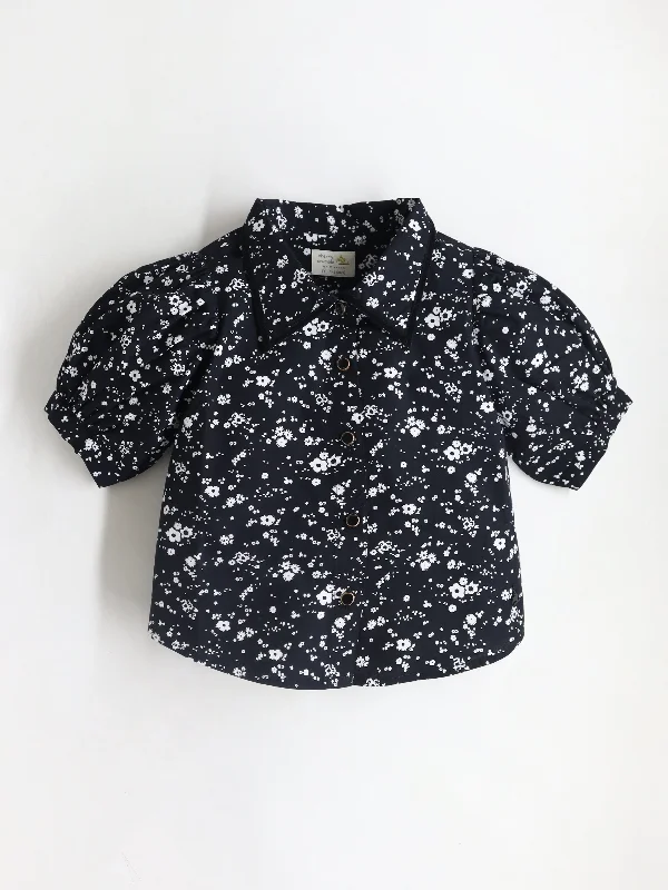 tops with ruffles for menCherry Crumble Black & White Dark Floral Prints Half Sleeve Collar Top