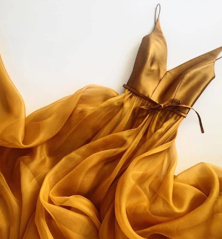 Sleeveless dresses for womenGold v neck chiffon long prom dress gold evening dress  8621